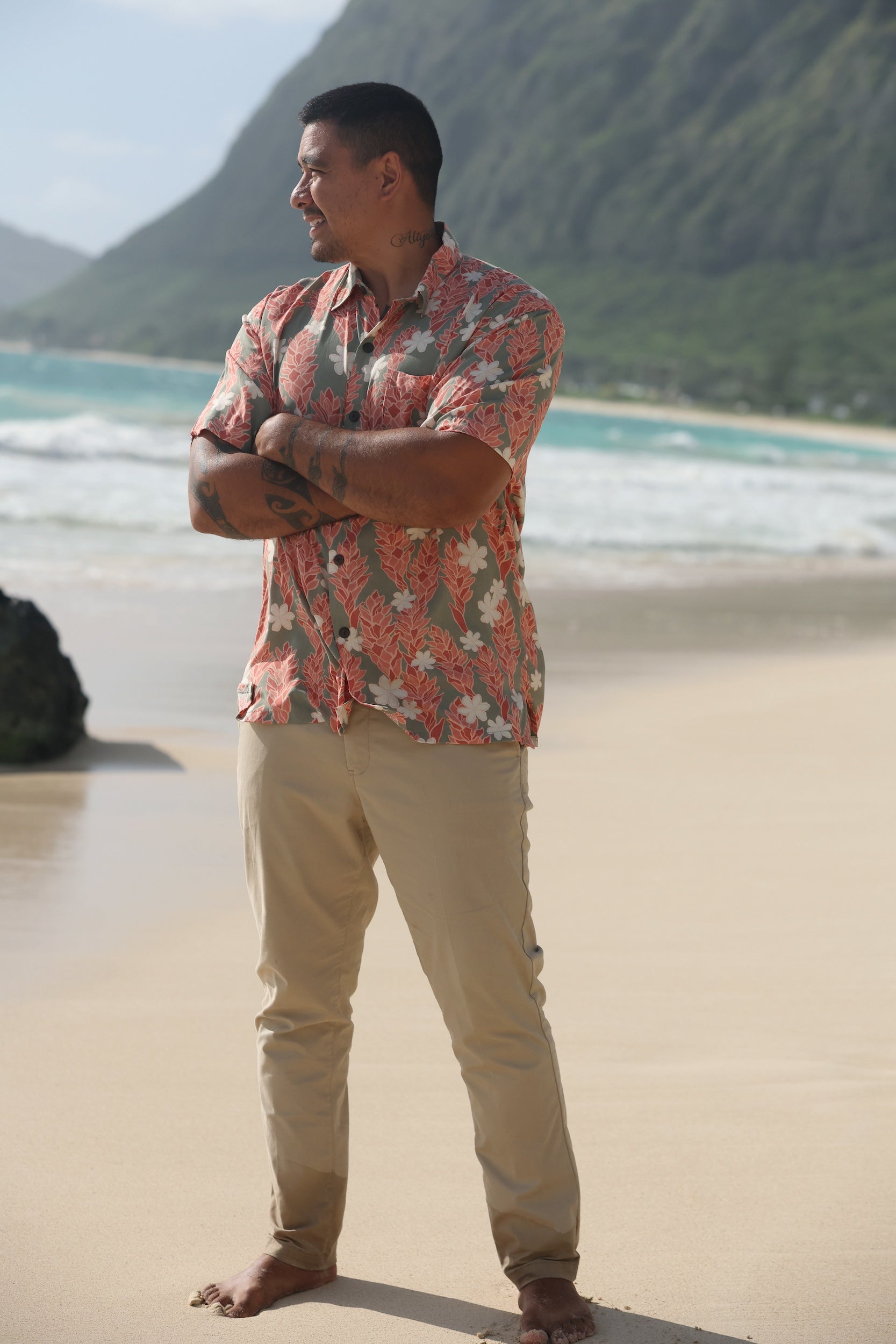 man wearing jade aloha button up with tiare ginger print