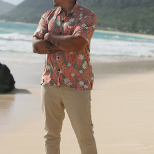 man wearing jade aloha button up with tiare ginger print