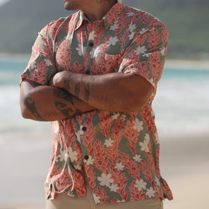 man wearing jade aloha button up with tiare ginger print