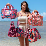 large dark purple neoprene tote bag with orchid pattern 