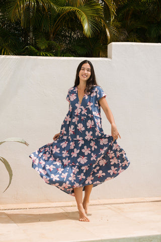Mira Dress in Koki'o Blossom (Navy)
