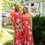 man wearing pink aloha button up shirt with retro flower pattern