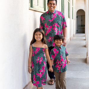 man with brown hair wearing men's aloha button up top with fern and ginger print