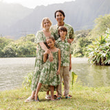 man wearing green aloha button up shirt with Native Hawaiian plant pattern