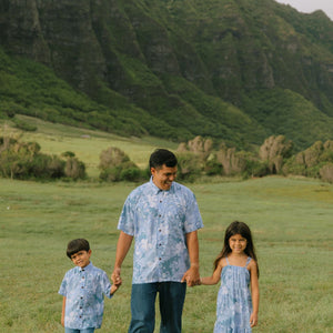 man wearing blue paisley printed aloha button up shirt