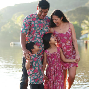 little girl wearing a shell and pua print in pink