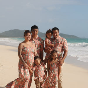 man wearing jade aloha button up with tiare ginger print
