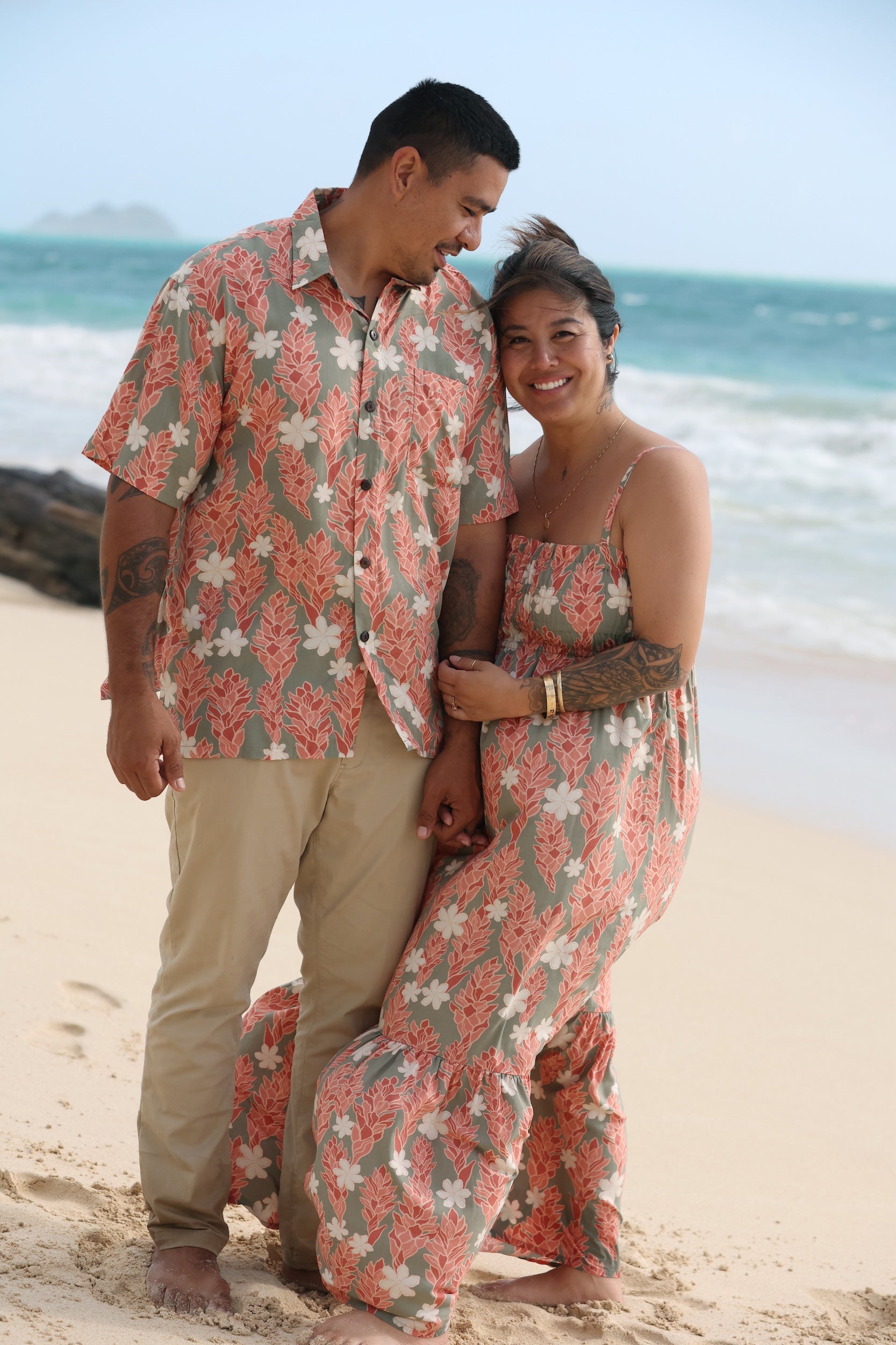 man wearing jade aloha button up with tiare ginger print