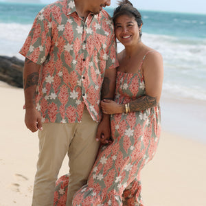 man wearing jade aloha button up with tiare ginger print