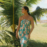 woman with brown hair wearing teal pareo with orchid print