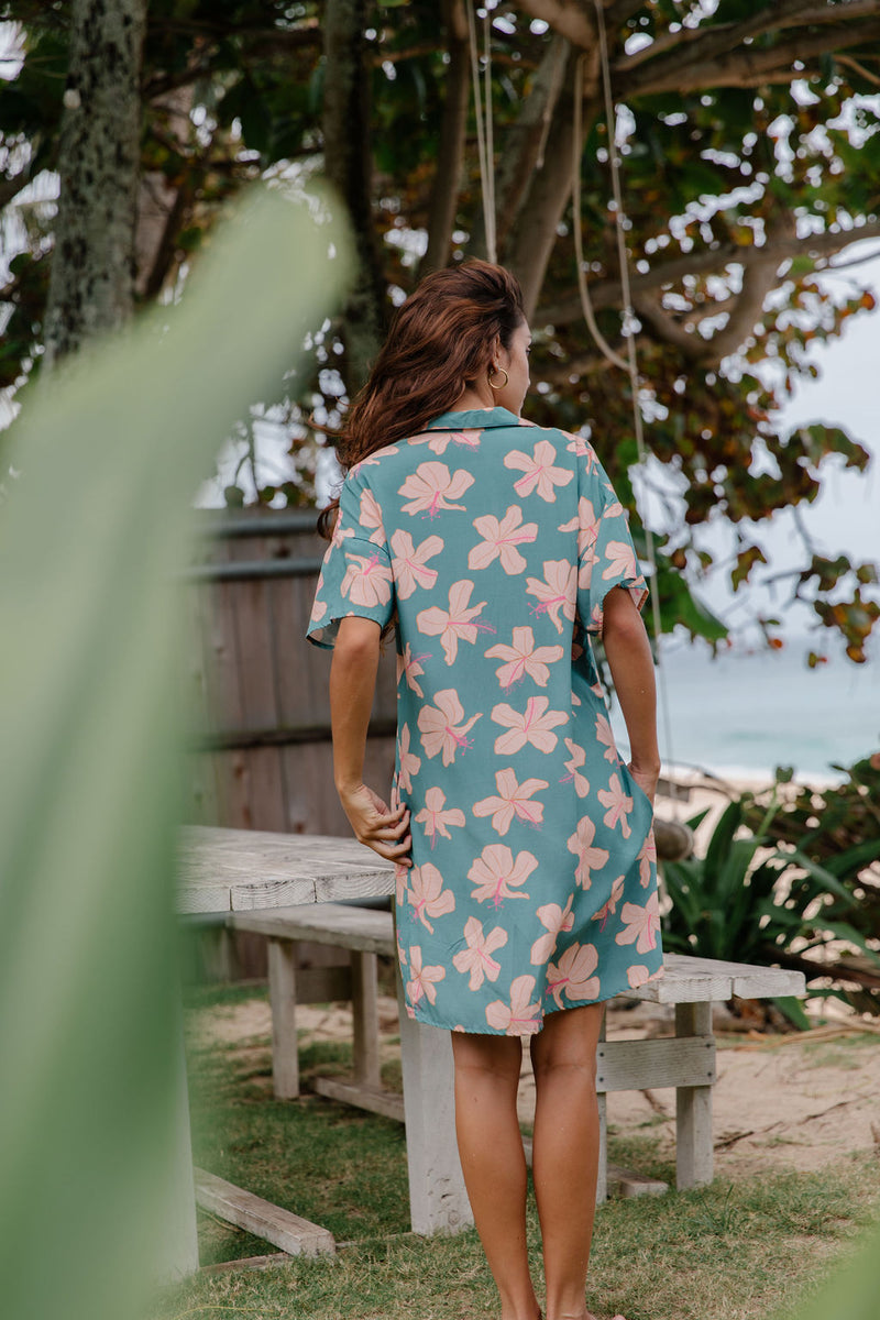 Rhea Dress in Koki'o Blossom (Teal)