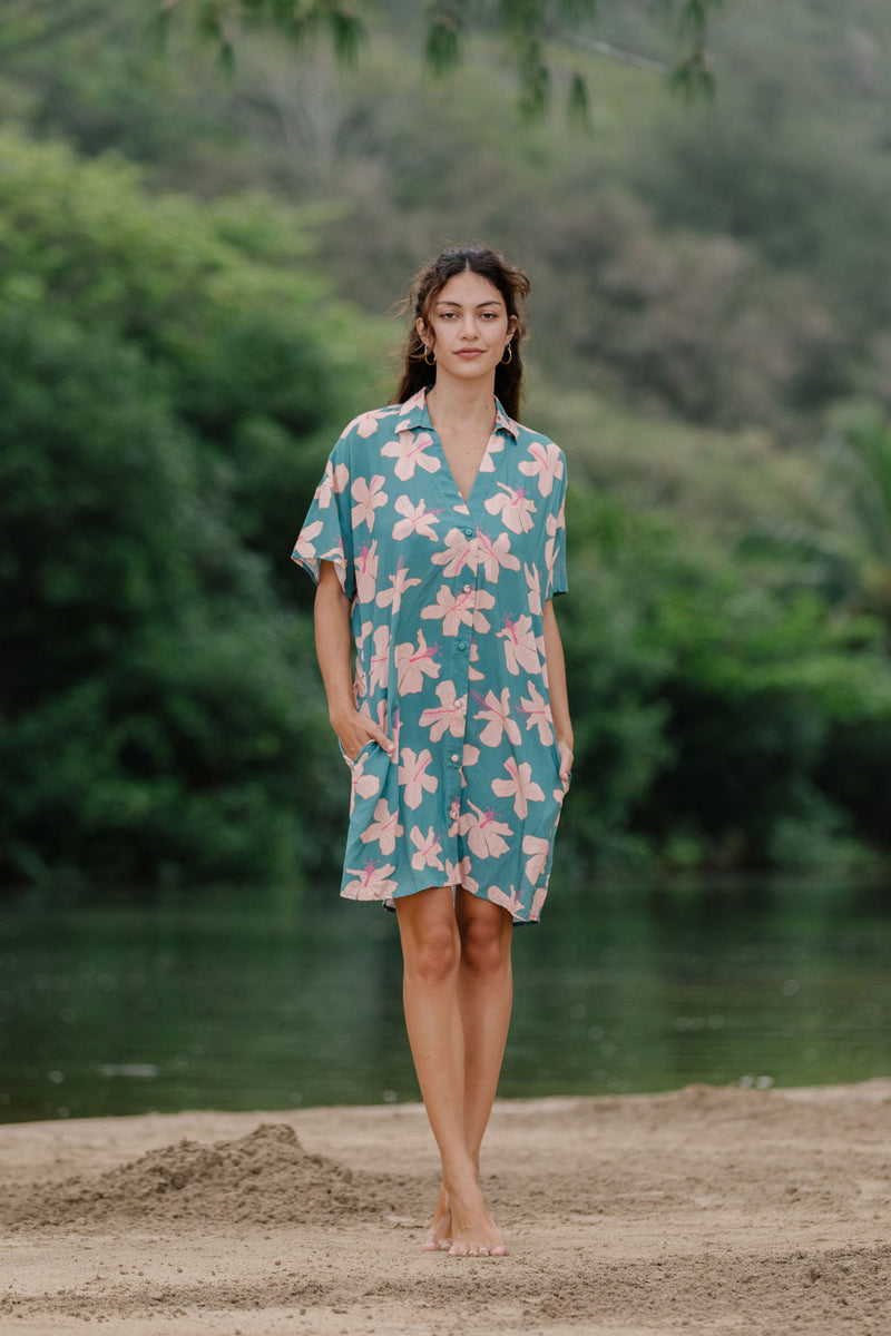 Rhea Dress in Koki'o Blossom (Teal)