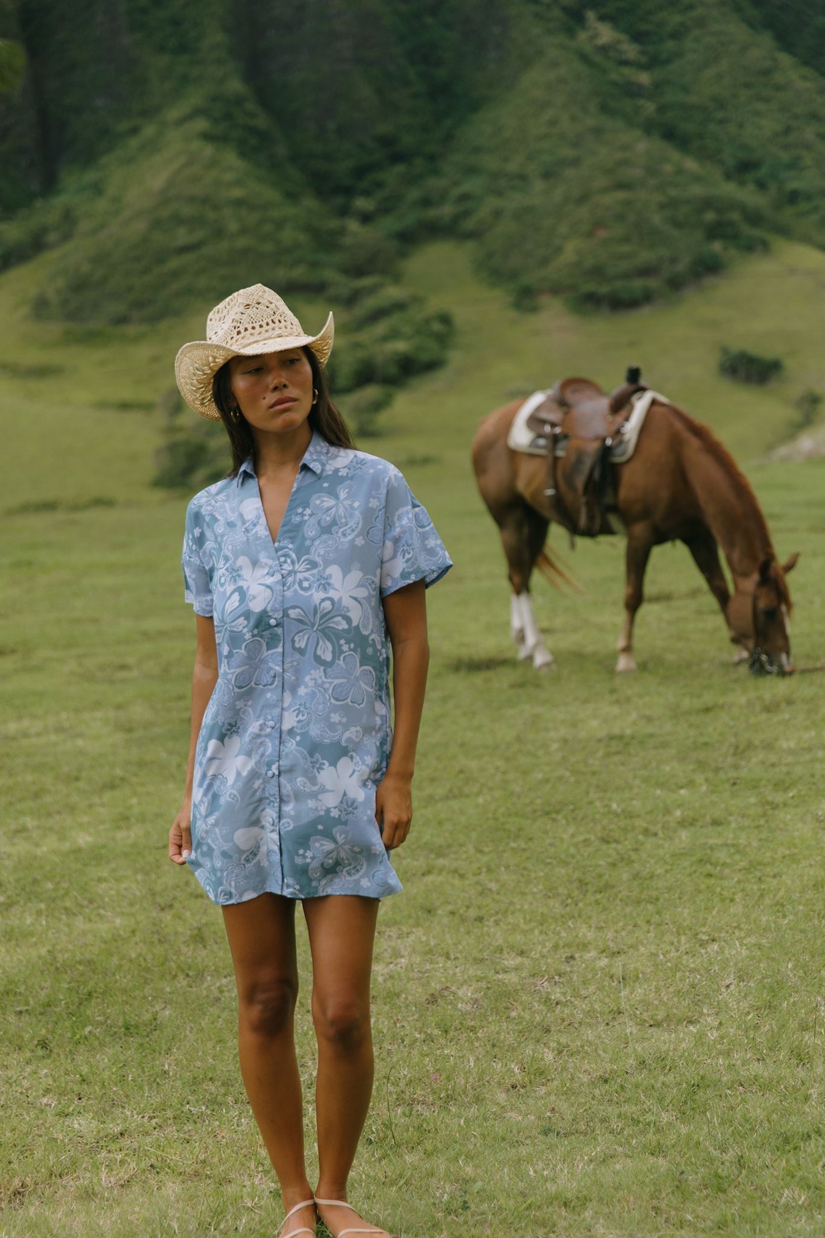 woman with brown hair wearing blue paniolo print collared button down dress