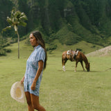 woman with brown hair wearing blue paniolo print collared button down dress