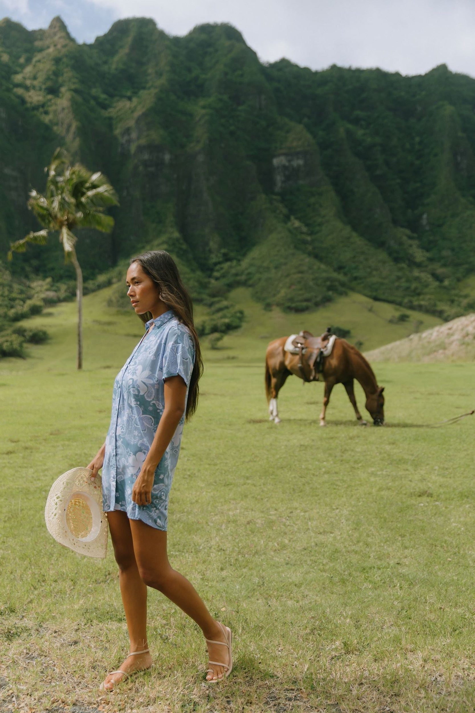 woman with brown hair wearing blue paniolo print collared button down dress