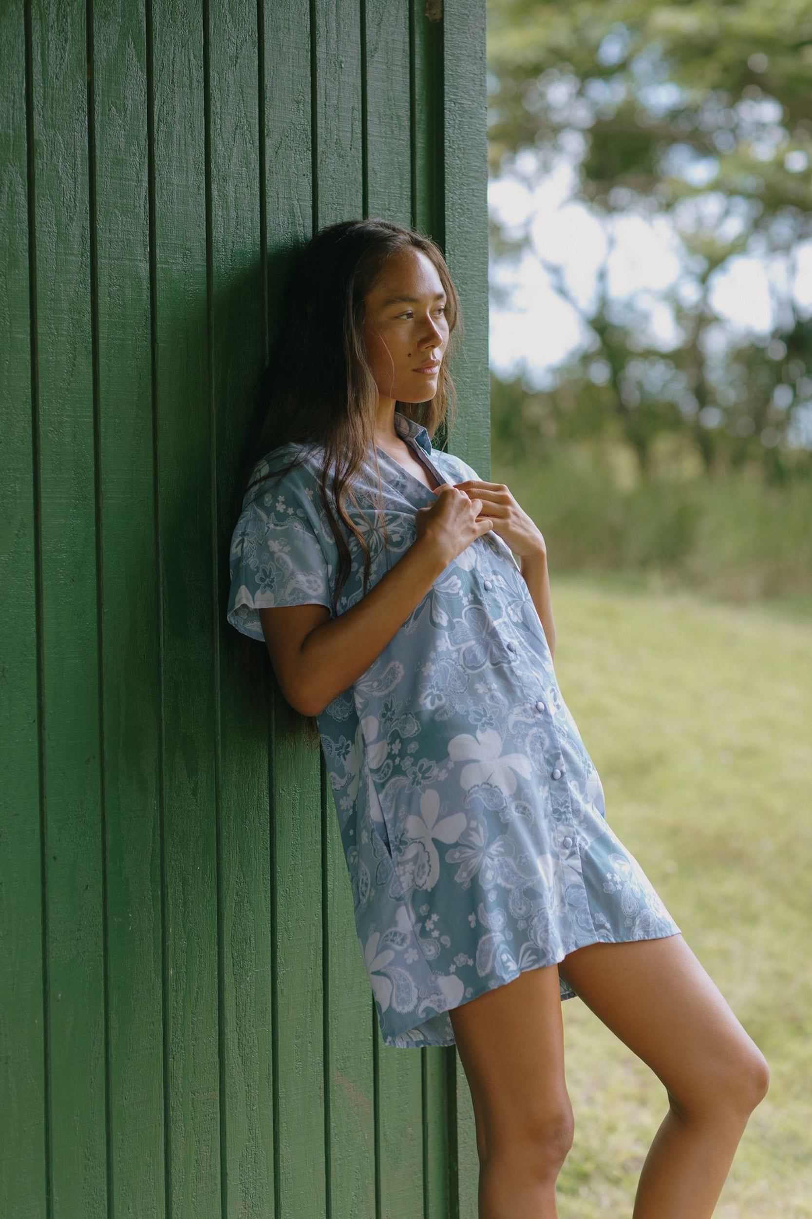 woman with brown hair wearing blue paniolo print collared button down dress