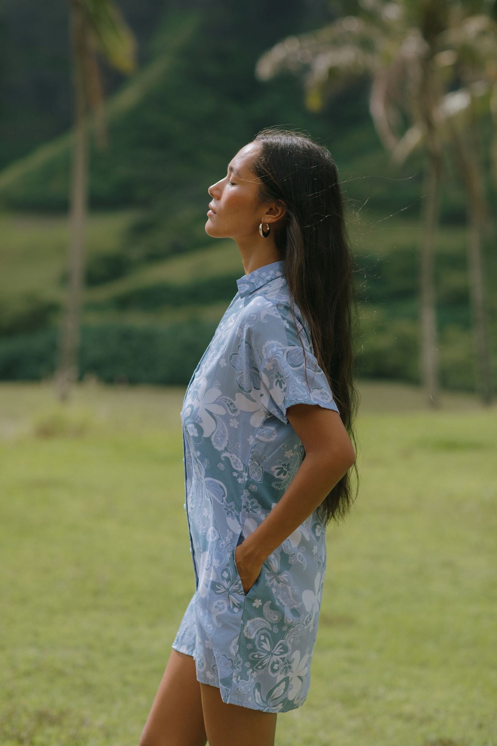 woman with brown hair wearing blue paniolo print collared button down dress