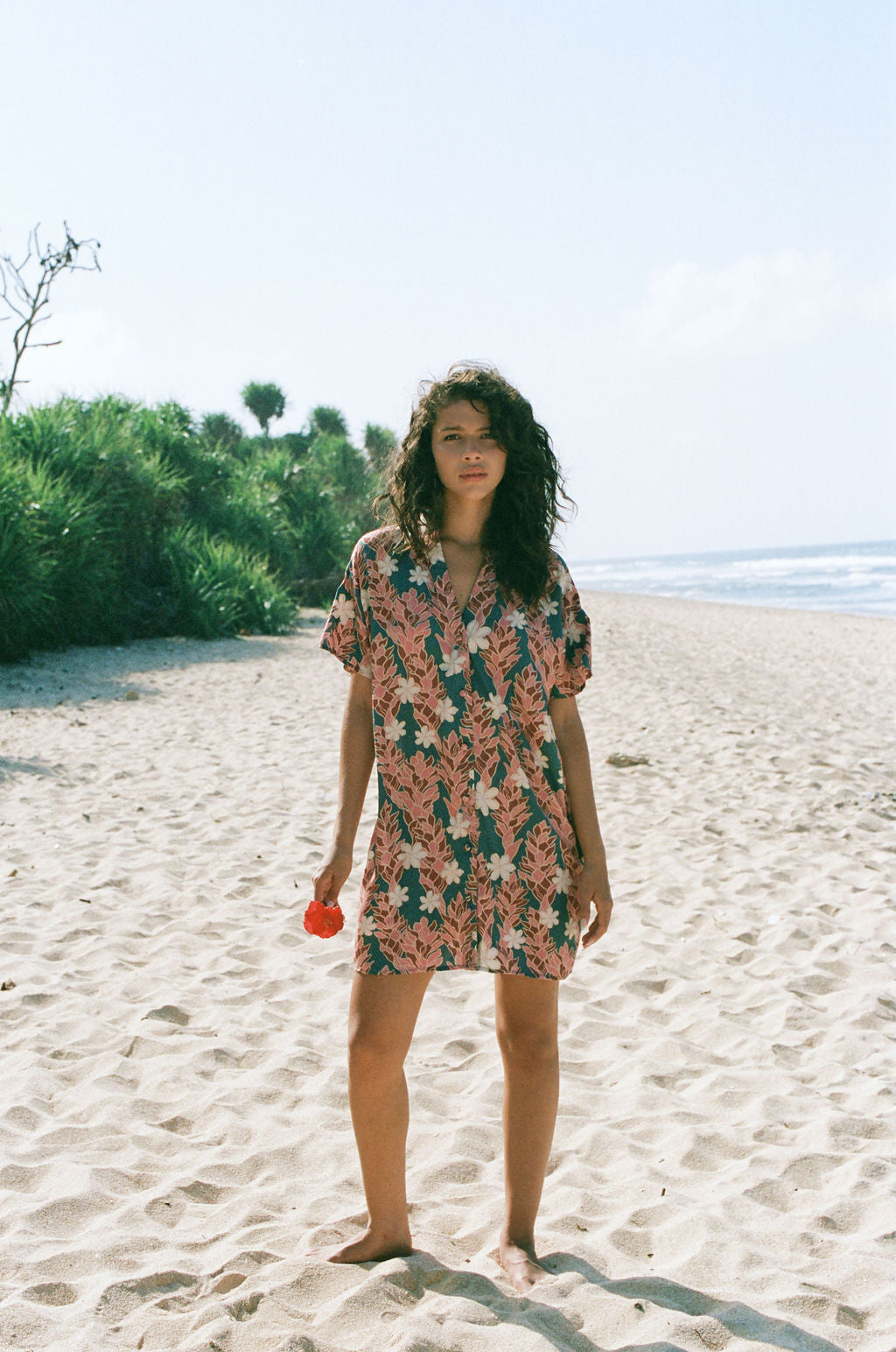 woman with brown hair wearing button up dress with red ginger and tiare print