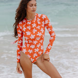Single Fin Long Sleeve One Piece in Koki'o Blossom (Tangerine)
