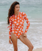 Single Fin Long Sleeve One Piece in Koki'o Blossom (Tangerine)