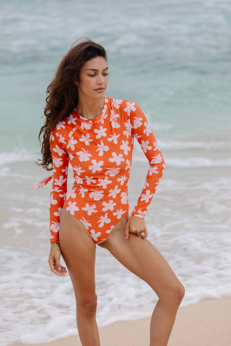 Single Fin Long Sleeve One Piece in Koki'o Blossom (Tangerine)