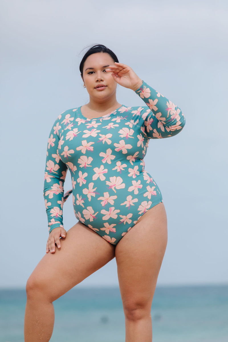 Single Fin Long Sleeve One Piece in Koki'o Blossom (Teal)