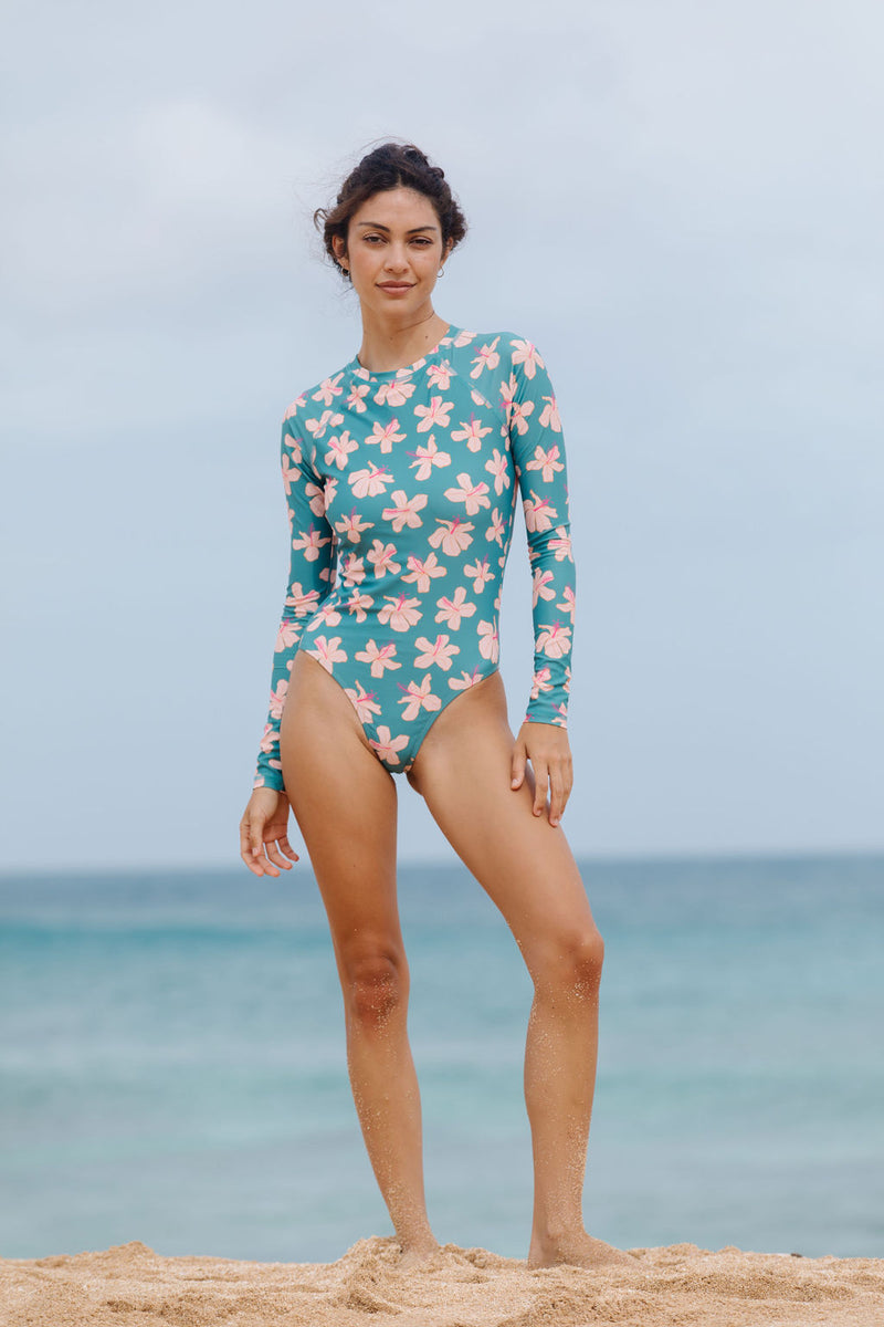 Single Fin Long Sleeve One Piece in Koki'o Blossom (Teal)