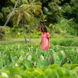 woman wearing a pink v neck maxi dress with lei print