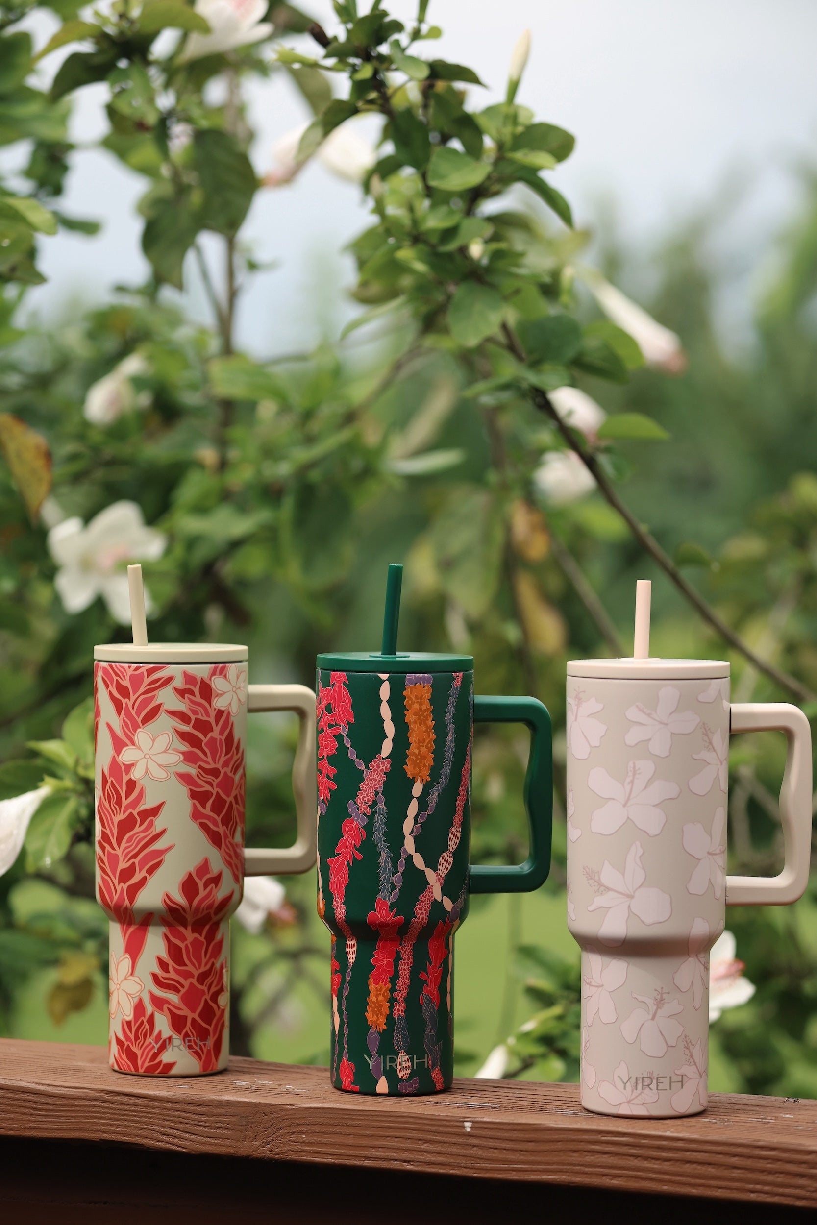 tan tumbler with kokio print