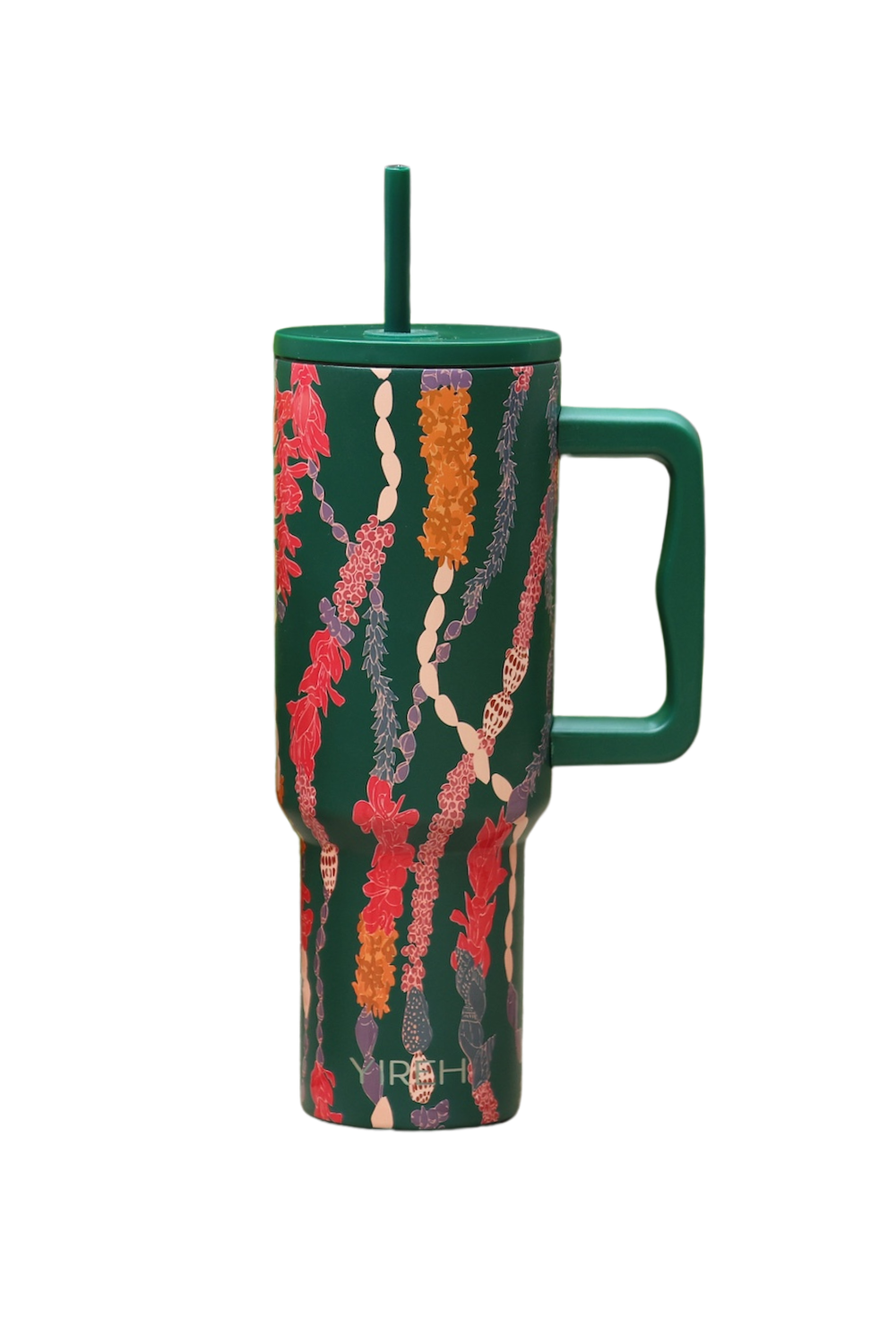 green tumbler with shell lei print