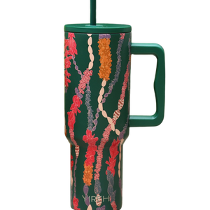 green tumbler with shell lei print