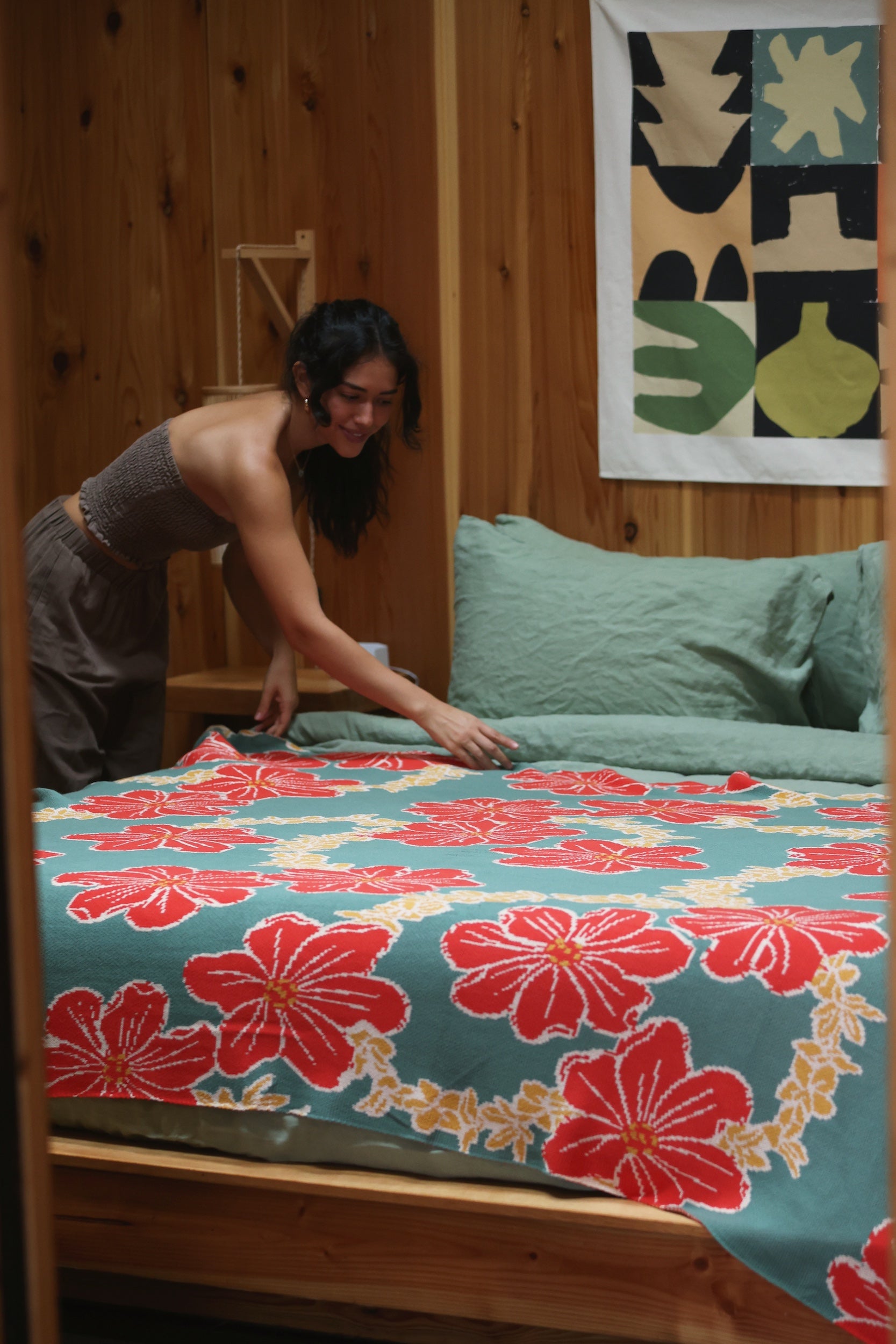 woven cotton blanket in lei pua green