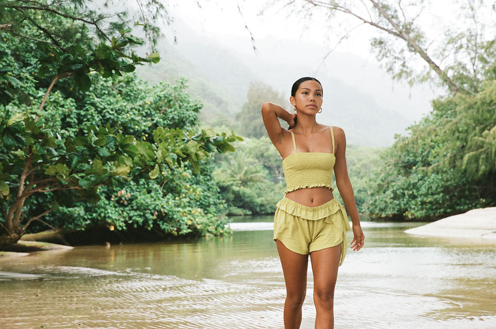 YIREH Pantai Short in Pantai Short in Turmeric - Rayon Women's Shorts (w/ Rumi Bandeau in Pantai Short in Turmeric)