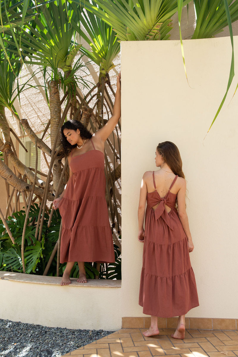 YIREH Aila Dress in Terra - Linen Women's Dress (front & backview)