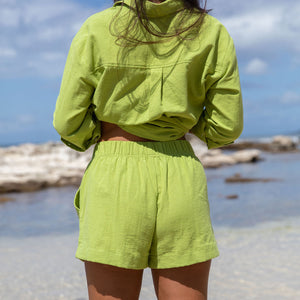 YIREH Millie Short in Parakeet - Rayon Women's Shorts (w/ A La Mode Button-Up in Parakeet)