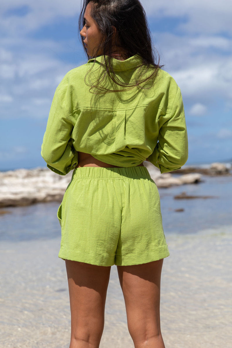 YIREH Millie Short in Parakeet - Rayon Women's Shorts (w/ A La Mode Button-Up in Parakeet)