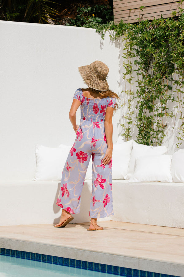 YIREH Brooklyn Jumpsuit in Lavender Hibiscus - Rayon Women's Jumpsuit (backview)
