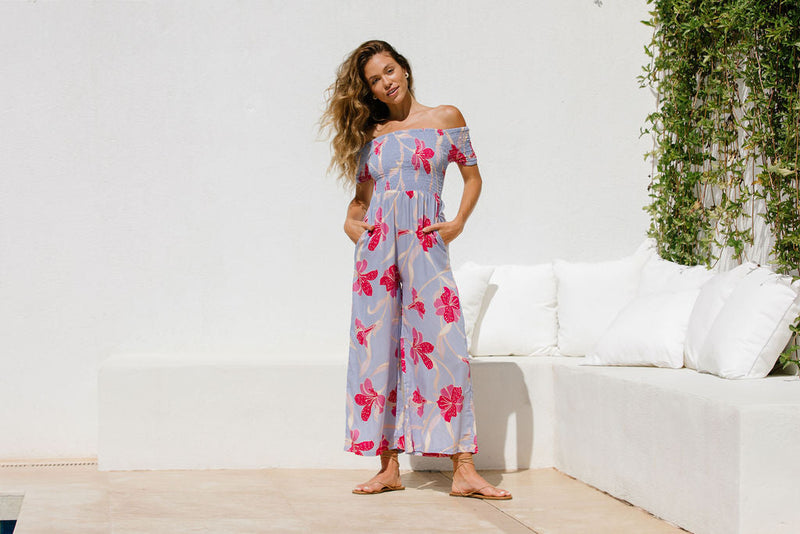 YIREH Brooklyn Jumpsuit in Lavender Hibiscus - Rayon Women's Jumpsuit