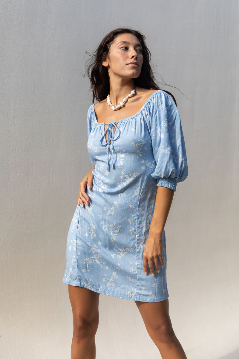 YIREH Lennox Dress in Sky - Rayon's Womens Dress. Off the shoulder, versatile, women's resortwear. Ethically and sustainably made.