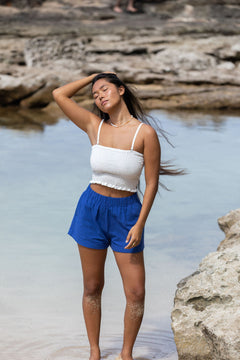 YIREH Rumi Bandeau in Cloud - Rayon Women's Top (w/ Millie Short in Kai)