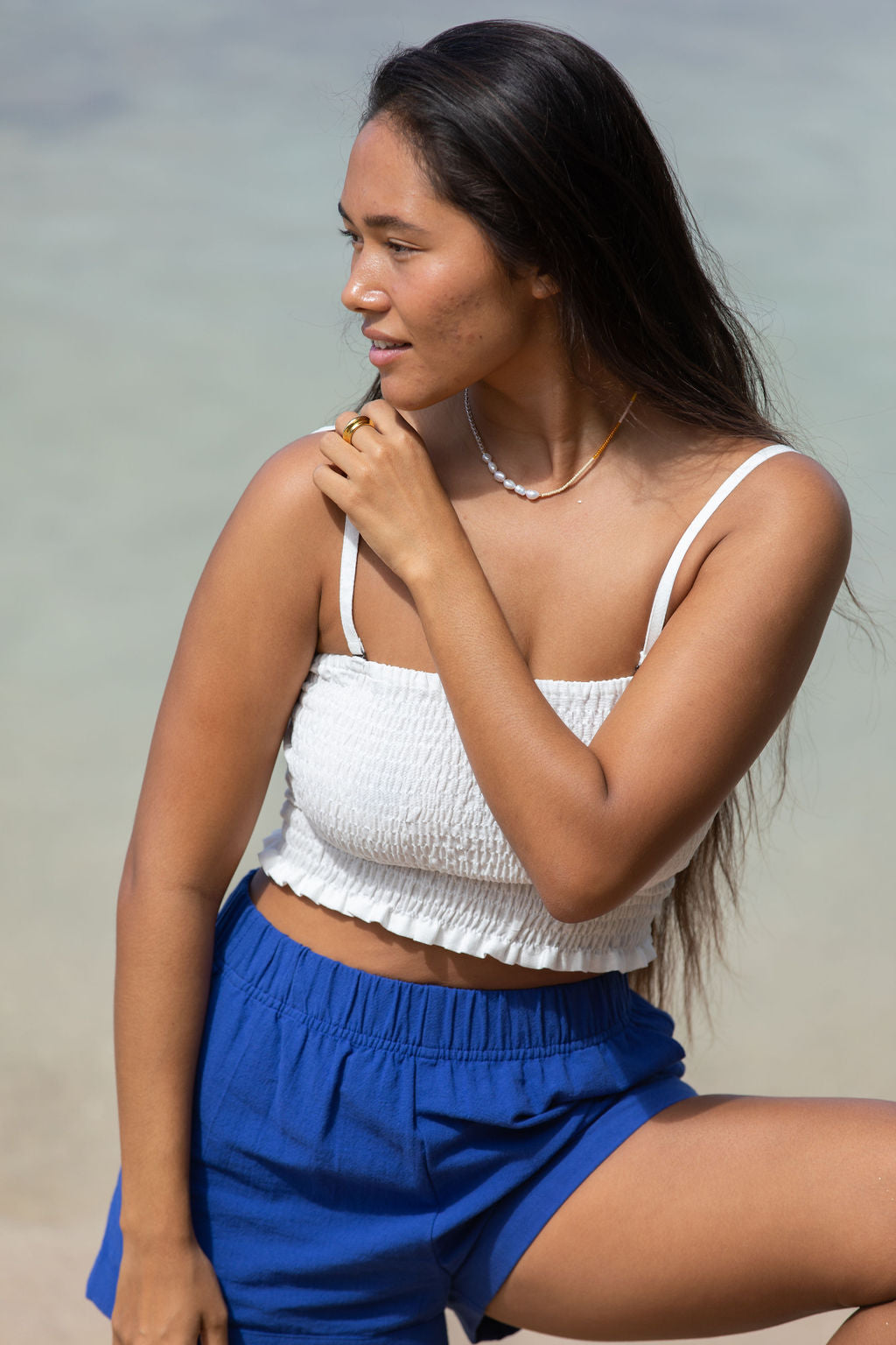 YIREH Rumi Bandeau in Cloud - Rayon Women's Top (w/ Millie Short in Kai)