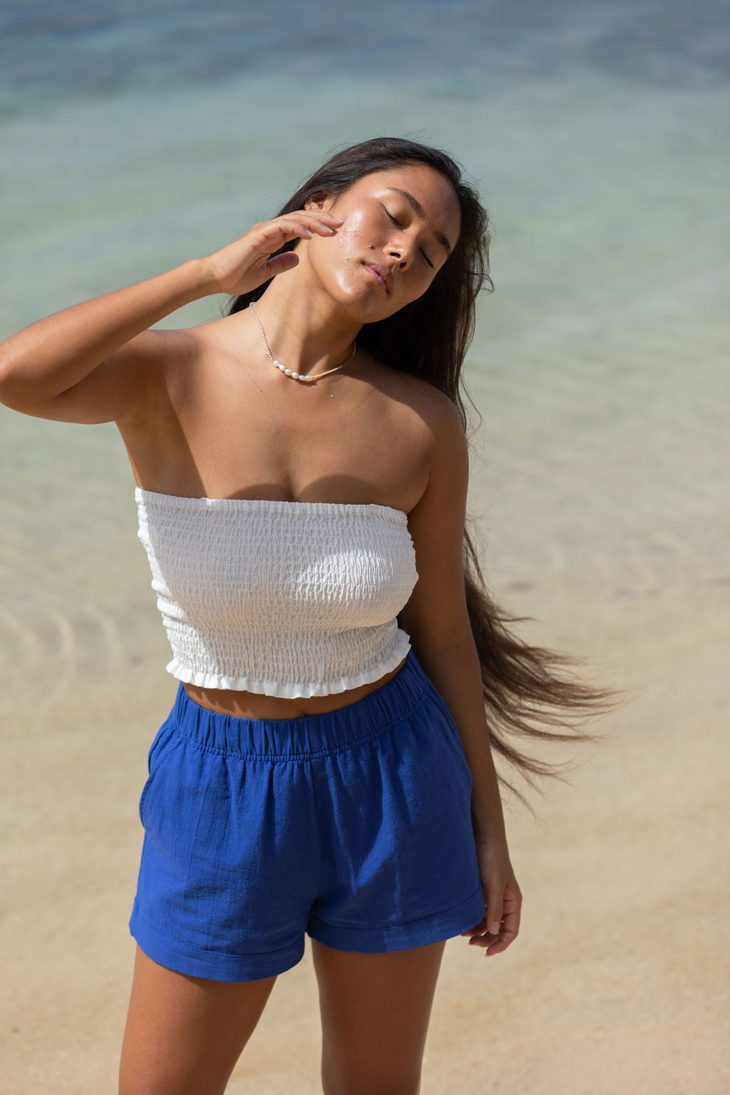 YIREH Rumi Bandeau in Cloud - Rayon Women's Top (w/ Millie Short in Kai)