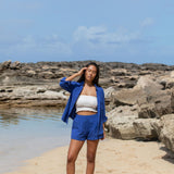 YIREH Rumi Bandeau in Cloud - Rayon Women's Top (w/ Millie Short in Kai & A La Mode Button-Up in Kai)