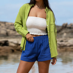 YIREH Rumi Bandeau in Cloud - Rayon Women's Top (w/ Millie Short in Kai & A La Mode Button-Up in Parakeet)