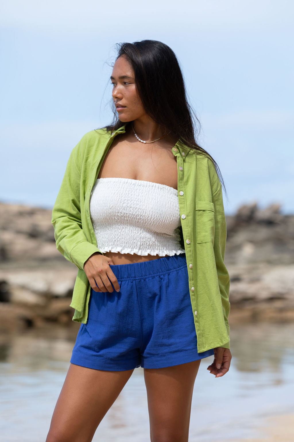 YIREH Millie Short in Kai - Rayon Women's Shorts (w/ Rumi Bandeau in Cloud & A La Mode Button-Up in Parakeet)