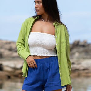 YIREH Millie Short in Kai - Rayon Women's Shorts (w/ Rumi Bandeau in Cloud & A La Mode Button-Up in Parakeet)