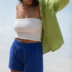 YIREH Rumi Bandeau in Cloud - Rayon Women's Top (w/ Millie Short in Kai & A La Mode Button-Up in Parakeet)