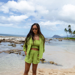 YIREH Rumi Bandeau in Parakeet - Rayon Women's Top (w/ Millie Short in Parakeet & A La Mode Button-Up in Parakeet)