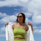 YIREH Rumi Bandeau in Parakeet - Rayon Women's Top (w/ Millie Short in Parakeet & A La Mode Button-Up in Cloud)