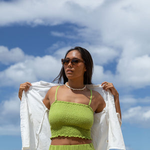 YIREH Rumi Bandeau in Parakeet - Rayon Women's Top (w/ Millie Short in Parakeet & A La Mode Button-Up in Cloud)